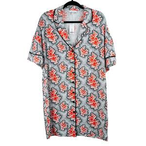Topshop Oversized Button Front Mini Shirt Dress Orange Black Floral Linen 6 NWT